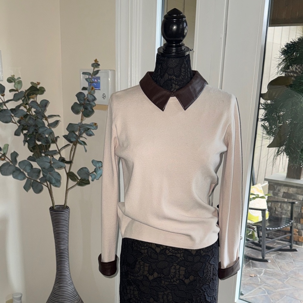 Cream Viscose Top with Brown Faux Leather Accents